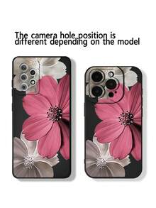 Flower 1pc Fashionable Floral Print Perforated Straight Edge Black Painted Anti-Drop Phone Case Compatible With IPhone 16/11/16pro/16plus/16promax/16e/15Promax/13/14/12/XS/XR/7G/8P, Compatible With Samsung Galaxy 11/12Pro/12/12X/13Pro/14Pro/15Pro/X3pro/, Compatible With Redmi 10/9/Note9/12c/Note11pro/Note8Pro/9C/9a, Anti-Drop Phone Protective Case
