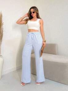 Wide Leg Striped Elastic Palazzo Pants With Pockets - 淺藍色 - 查看 2