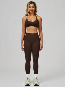 MASKERT 女士休闲修身户外瑜伽背心套装、高弹力跑步运动套装、瑜伽服套装 - 咖啡棕 - 查看 6