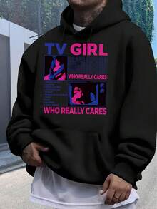 TV GIRL Who Beally Cares Pattern Design Men's And Women's Sports And Leisure Cotton Black Hoodie English Letter Pattern Christmas Thanksgiving Festival Knitted Cyber Monday Holiday Gift New Year Winter Warm Snow  End-Of-Year Thermal Velvet Furry Party Fuzzy Plush - 黑色 - 查看 4