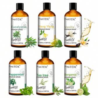 100ml Essential Oils ,PHATOIL Premium Essential Oil For Skin Care,Diffusers Humidifier Massage DIY Candle Aromatherapy Massage Bath, Vanilla, Eucalyptus, Peppermint, Ylang Ylang, Bergamot, Tea Tree 3.38fl.Oz