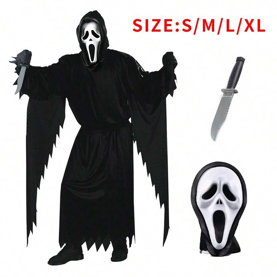 NetHong Kids Scream Ghost Face Cosplay Halloween Costume Death Fancy Dress &Mask&Knife - màu đen - Xem 1
