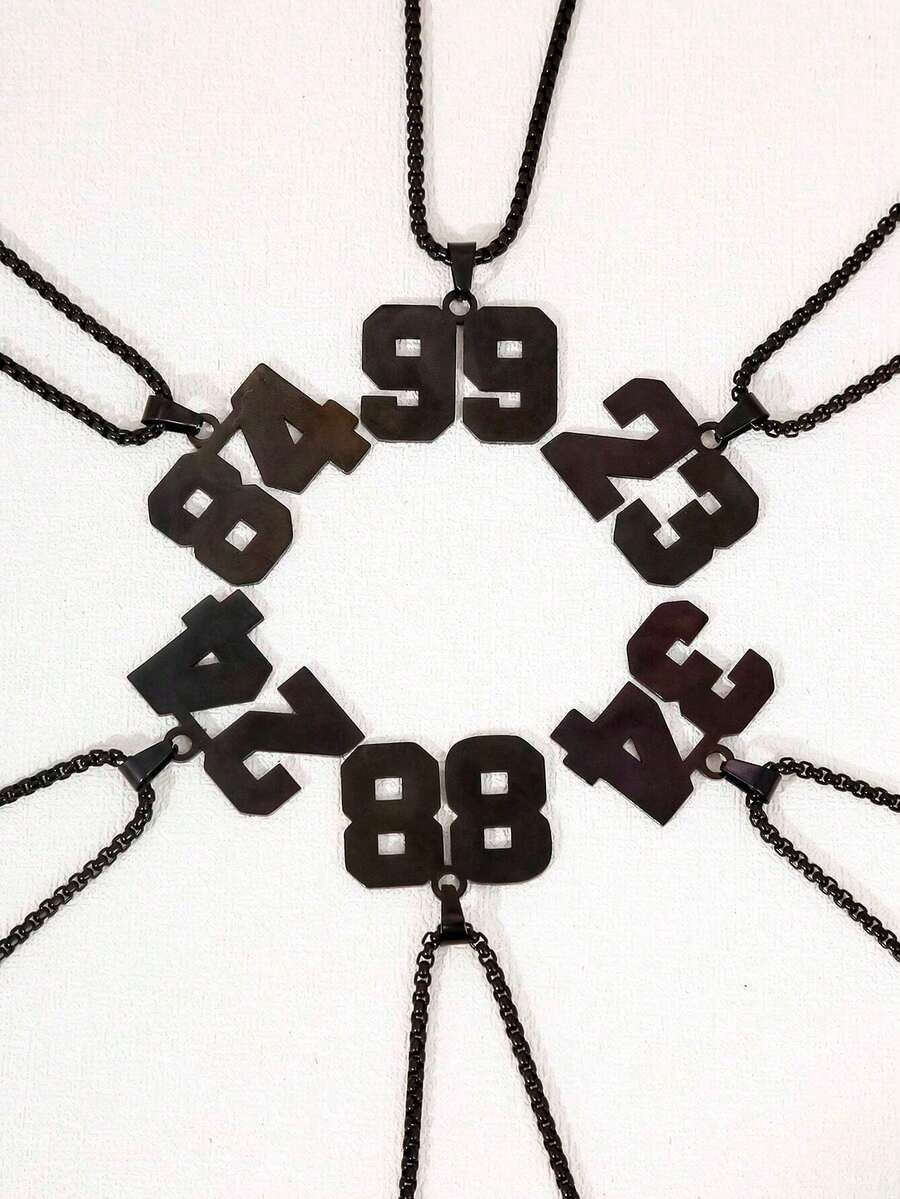 1 件不锈钢 0-99 棒球和足球球衣号码吊坠项链 - 黑色 - 查看 1