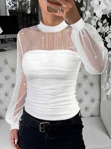ChicMe Women's Pearl Decor Turtleneck Lantern Sleeve Sheer Mesh Patchwork Fitted Textured Top, Fashionable & Elegant For Everyday Wear - White - View 4