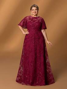 Faeriesty Mosy​ Elegant Plus Size Mother Of The Bride Dress: Round Neck, Ruffled Short Sleeves, A-Line Skirt. Perfect For Formal Weddings, Gala Dinners, Black-Tie Events, Opera Nights, Charity Balls