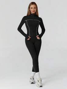 MASKERT 女士套装拼布外套女瑜伽服运动服健身服弹力拼布长裤紧身跑步服柔软舒适居家休闲 - 黑色 - 查看 4