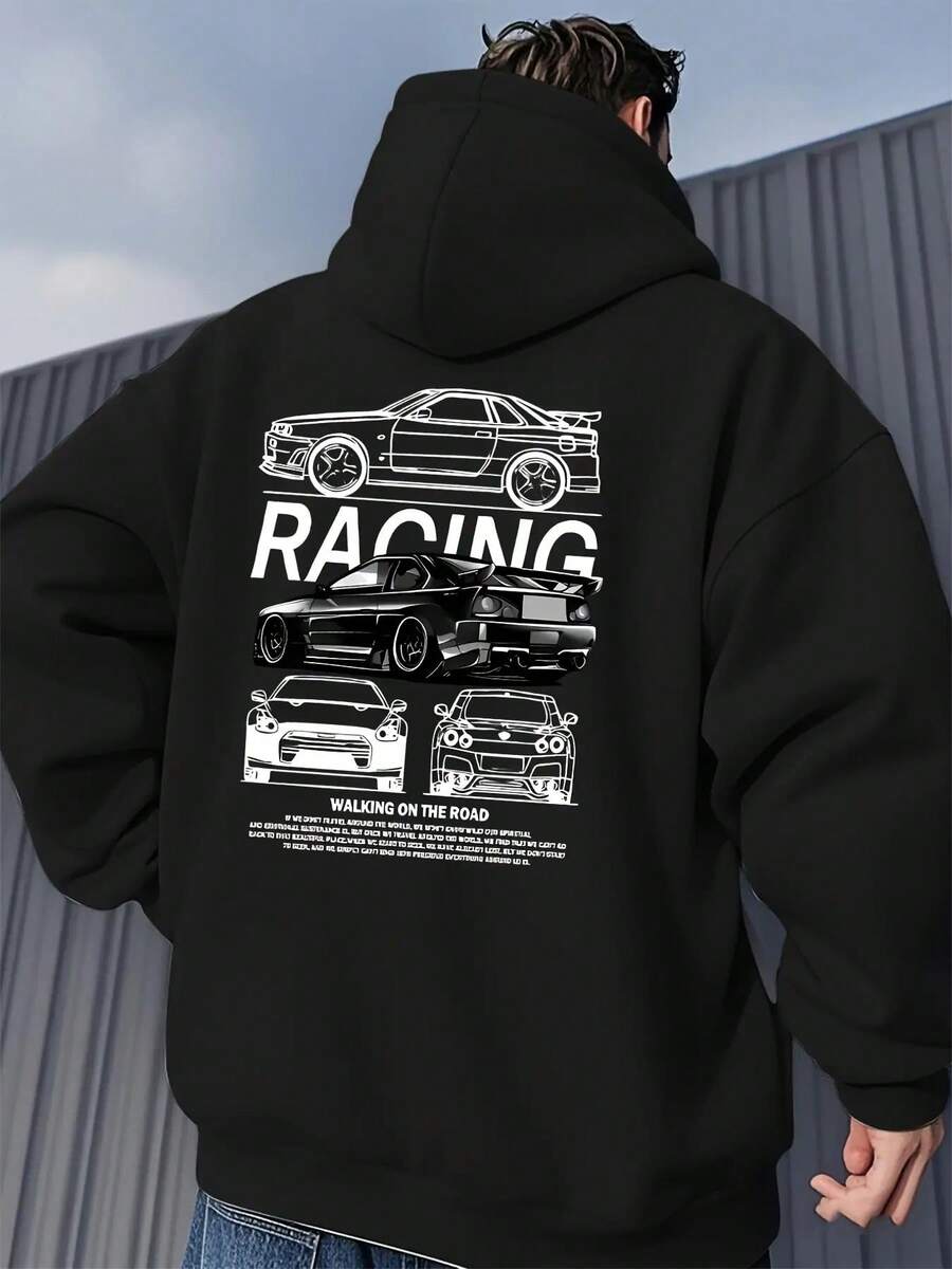 Sudadera con capucha gráfica de carreras para hombres - Impresión de coche llamativa, suéter de invierno,% poliéster, lavable aáquina, ropa casual de calle para hombres, equipo para fanáticos del automovilismo |   Ajuste Cómodo, Sudadera de Coche - Negro - Ver 1