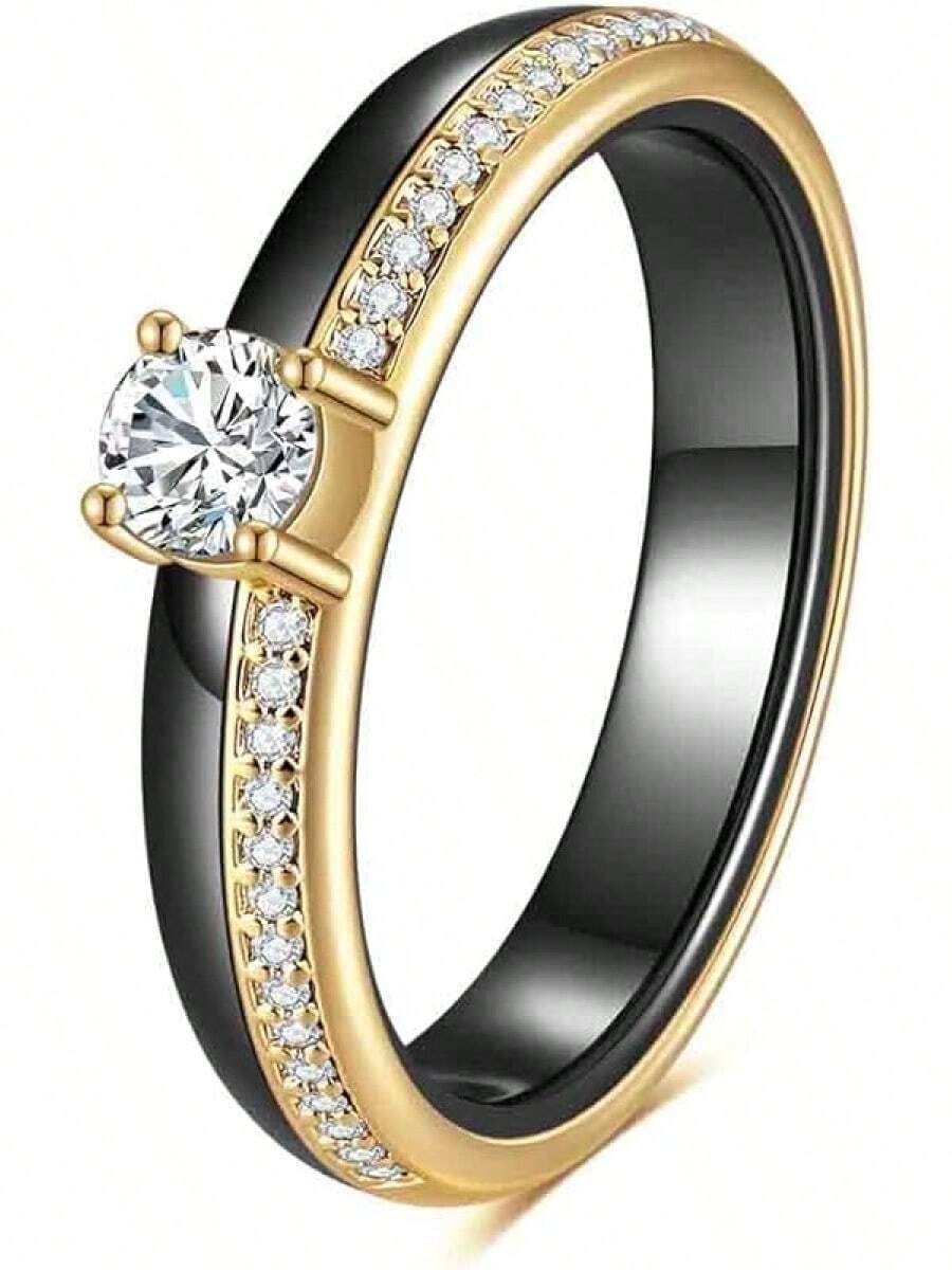 6mm White/Black Ceramic Rings Plus Cubic Zirconia For Women Comfort Fit Engagement Wedding Band Size 5-122025 - 4mm Black+Gold - View 1