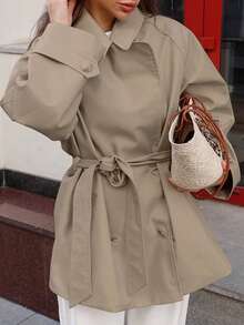 Women's New Design Casual Elegant Trench Coat, Mid-Length Jacket With Tie Waist, Long Sleeve, Vintage Thin Outerwear For Commuting, Autumn/Winter
