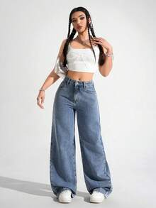 Jeans que sobreviven a 10 tacos al pastor Mezclilla Anchos Jeans Pierna acampanados Talla Grande para Mujer Cintura Alta Elásticos Pantalones Larga Duración y Suelta - Azul - Ver 3
