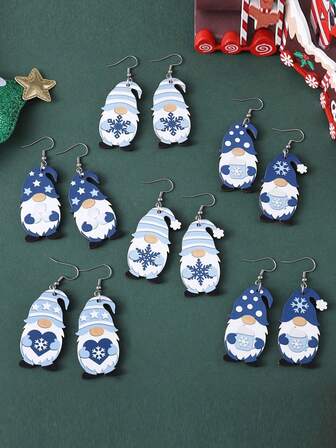 1 par vintage örhängen i trä med dvärg, snöflinga och hjärta, krokar i rostfritt stål, lätta julsmycken för julfest och vardagsbruk