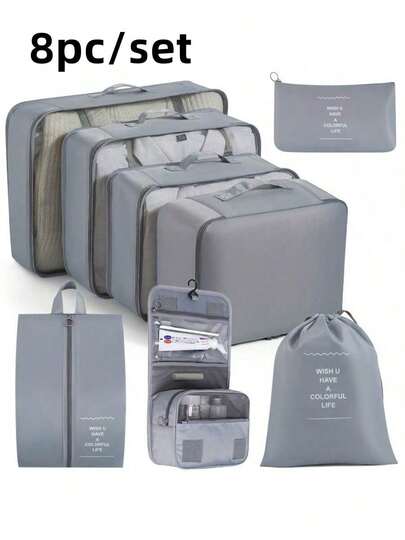 Conjunto de armazenamento de viagem com 7/8 peças, adequado para roupas, sapatos e artigos de higiene pessoal - fibra de poliéster durável, lavável à mão, ideal para viagens de negócios e férias, essencial para férias | Equipamento de viagem moderno | Tecido durável, bolsa de armazenamento de viagem, conjunto de bolsa de armazenamento de beleza