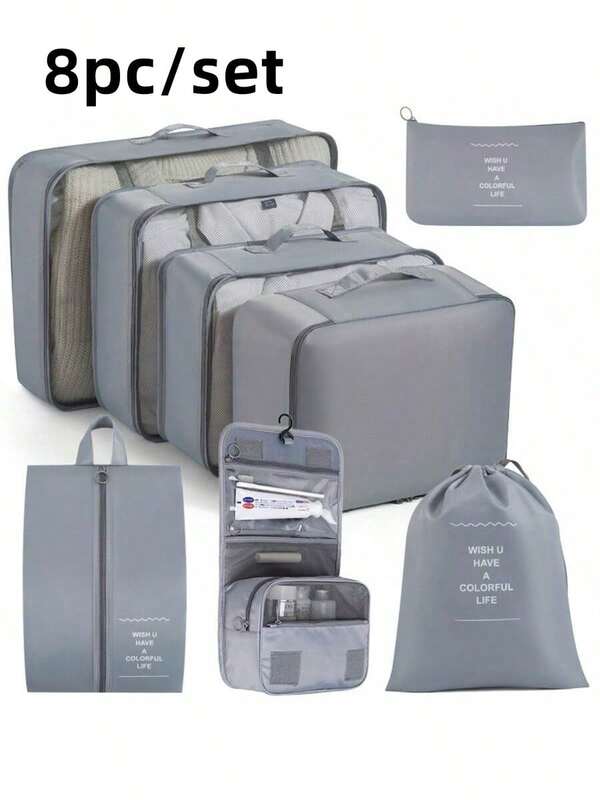 Conjunto de armazenamento de viagem com 7/8 peças, adequado para roupas, sapatos e artigos de higiene pessoal - fibra de poliéster durável, lavável à mão, ideal para viagens de negócios e férias, essencial para férias | Equipamento de viagem moderno | Tecido durável, bolsa de armazenamento de viagem, conjunto de bolsa de armazenamento de beleza