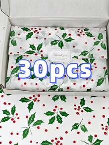 5/10/20 Green Christmas Leaf And Red Berry Pattern Thin Paper, 19.69 Inches X 13.78 Inches Gift Wrapping Paper, Suitable For Wedding, Christmas, Birthday Gift Packaging, Bouquet Filling, Party Gifts