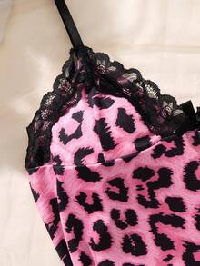 2 件女式性感睡袍，豹纹印花撞色蕾丝拼布蝴蝶结无袖印花开衩下摆吊带睡裙 - 彩色 - 查看 5