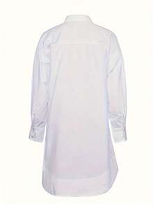 Camisa blanca de manga larga, holgada, de unicolor y con botones delanteros, para primavera, talla grande - Blanco - Ver 2