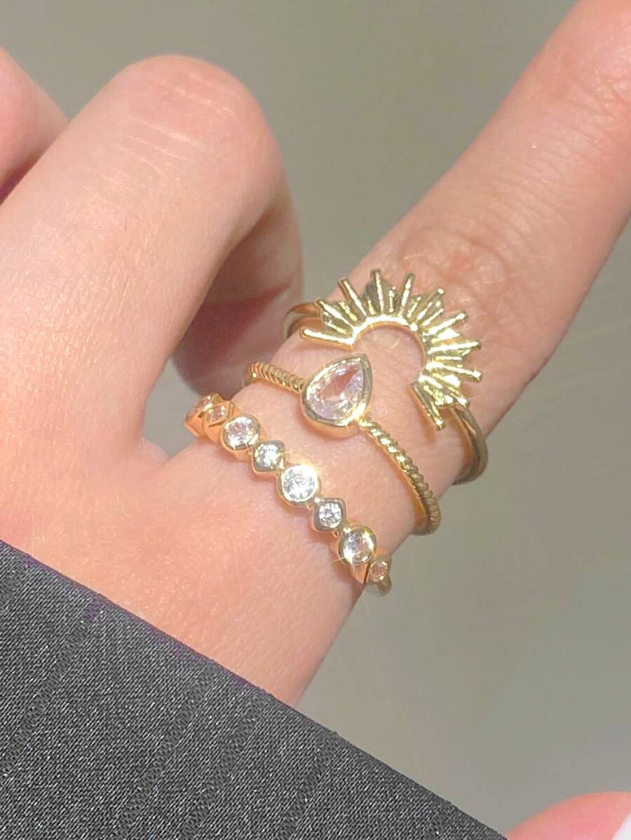 Bộ 3 nhẫn trang trí hình trái tim, giọt nước và mặt trời đính đá, thời trang, thanh lịch, đa năng, phù hợp cho phụ nữ, hẹn hò, ngày lễ, tiệc tùng, sinh nhật - Vàng - Xem 1