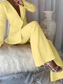 2pcs Solid Color Button Women's Suit Set, Suitable For Office And Daily Wear, All Seasons - 黃色 - 查看 5