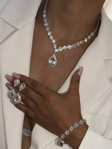 3pcs Rhinestone Tassel Bridal Jewelry Set - Necklace, Earrings, Bracelet, Suitable For Wedding, Party Dress