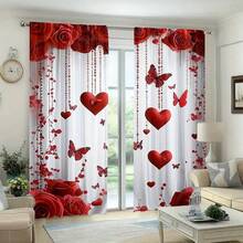 2pcs Valentine's Day Red Rose & Heart Butterfly Print Curtains - Modern Polyester Fabric, Semi-Blackout, Rod Pocket Design, Suitable For Living Room, Bedroom, Kitchen, Office Or Holiday Apartment (Rod Not Included) - Multicolor - View 4