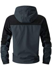 Men Outdoor Casual Windproof Patchwork Hooded Long Sleeve Jacket, Fall - Dusty Blue - View 2