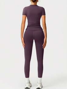 Ropa de Danza y Yoga Elástica y Ajustada para Mujer, Ropa Deportiva Cómoda y de Secado Rápido para Deportes al Aire Libre, Fitness y Entrenamientos en el Gimnasio - Morado - Ver 2