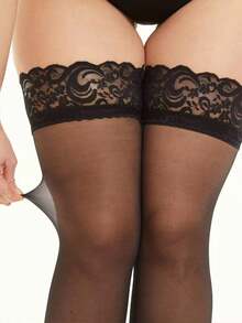 1 双加大对比色花卉蕾丝袜，轻薄、防勾丝、耐用的女士黑色丝绸袜子，夏季完美裸腿袜