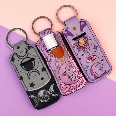 3-Pack BKBKAAK Sun And Moon Multifunctional Lipstick Keychain - Anime Theme Cartoon Pattern, Mixed Colors, Durable Clip-On Bag Pendant, Portable Storage Artifact, Perfect Gift For Women, Anime Design, Vibrant Colors