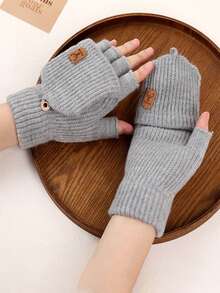 1 Pair Of Winter Warm Knitted And Plush Thick Half Flip Gloves, Touch Screen Riding Student Writing Plush Gloves - Multicolor - View 9