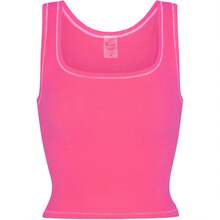 Women Rib Tank Top Padded Workout Top Square Neck Crop Tank Fitted Basic Cami Tops - Hot Pink - View 3