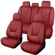 5 Seats Premium Nappa Leather Car Seat Covers Full Set Front Back Rear Cushion Full Wrapped Protector Universal Fit For Most Cars SUV Truck Interior Decoration Protection Auto Accessory Easy To Clean - Đỏ - Xem 1