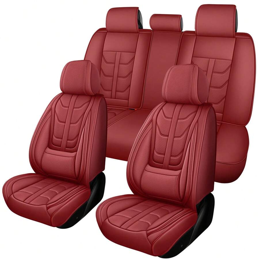 5 Seats Premium Nappa Leather Car Seat Covers Full Set Front Back Rear Cushion Full Wrapped Protector Universal Fit For Most Cars SUV Truck Interior Decoration Protection Auto Accessory Easy To Clean - Đỏ - Xem 1