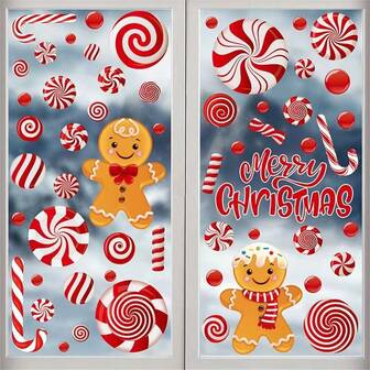 Nine Random Four,Christmas Panes Gingerbread Man Candy Window Decal Paint Christmas Red Candy Stickers On Christmas Home Office Decoration Winter Glass Window Decoration