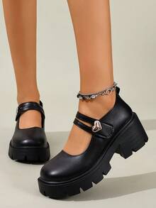 Foot Flair 女款（尺码偏小）玛丽珍厚底粗跟踝带 Y2K 哥特洛丽塔牛津鞋经典舒适校服正装鞋 - 霧面黑色心形扣 - 查看 7