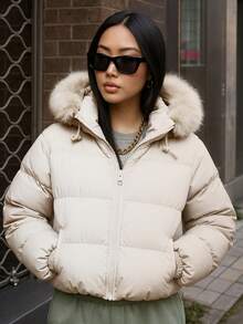 Palton scurt, călduros, cu glugă, din blană artificială, pentru femei, toamnă/iarnă 2025-2026, impermeabil, cu fermoar, croială dreaptă, stil casual urban elegant