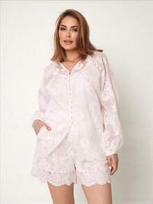 Simples    elegante  Casual    Bordado  Botões na frente  Formato leque - Branco - Visão 2