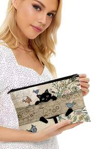 1pc Cute Cat Pattern Cosmetic Bag, Portable Travel Organizer Pouch, Women Handbag, Summer Bag, Holiday Bag, Makeup Bag, Wallet, Backpack, Essential For Holiday & Travel - Army Green - View 4