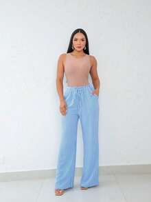 Wide Leg Striped Elastic Palazzo Pants With Pockets - 藍色 - 查看 1