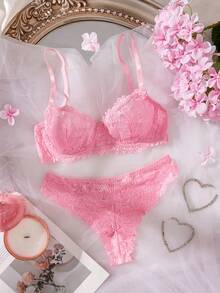 Lace Trim Sexy Lingerie Set For Women - Pink - View 2