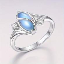 EJG  1 Pc Fashion Oval Blue Moonstone Geometric Ring For Women  And Hollow Design Personalized Dainty Jewelry Gift For Girlfriend Birthday Christmas Office To Date Everyday Boho - 銀色 - 查看 1