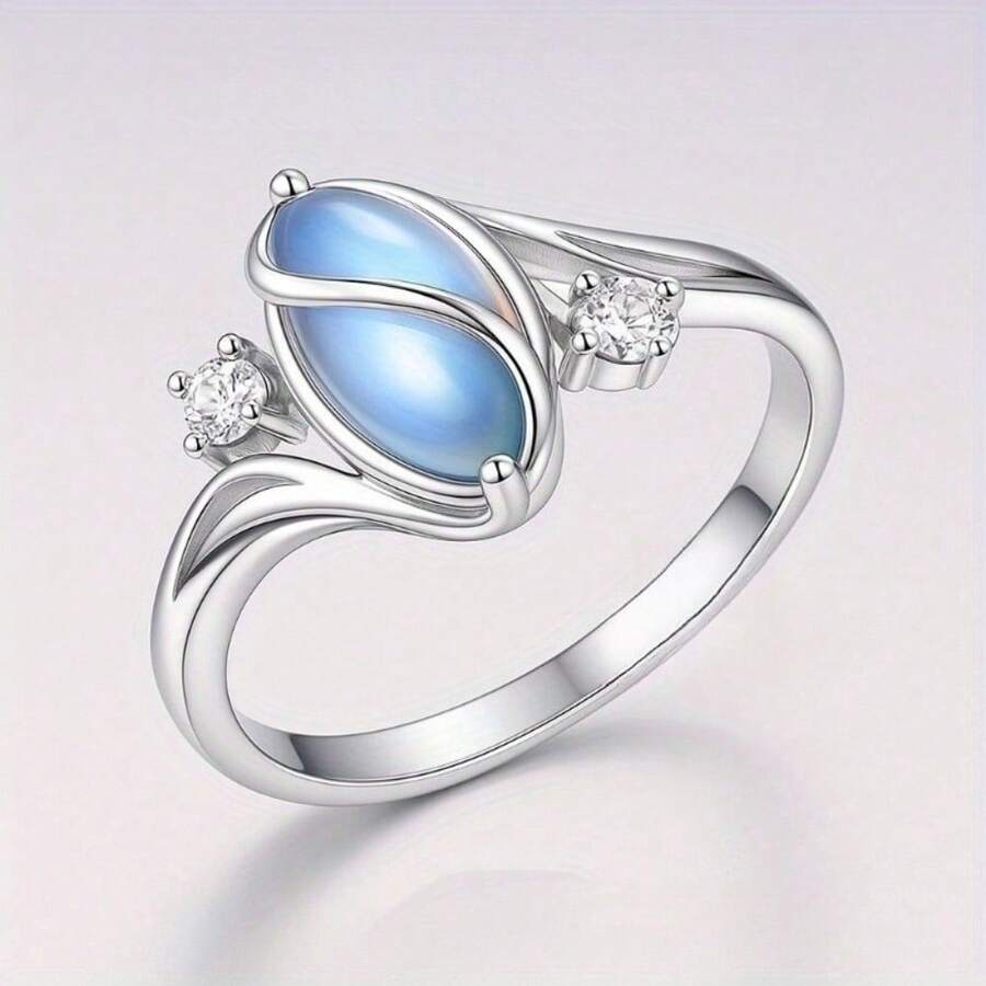 EJG  1 Pc Fashion Oval Blue Moonstone Geometric Ring For Women  And Hollow Design Personalized Dainty Jewelry Gift For Girlfriend Birthday Christmas Office To Date Everyday Boho - 銀色 - 查看 1