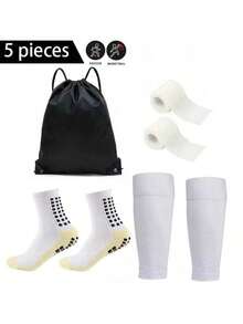5pcs/Set Football Equipment Set, Including Waterproof Drawstring Bag, Non-Slip Football Socks, Leg Sleeves, Self-Adhesive Sports Bandage, High Leg Sleeves For Youth Sports Training