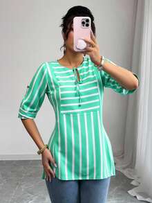 Blusa mujer verde rayas manga tres cuartos moderna fresca comoda larga casual cordon al frente - Verde - Ver 3