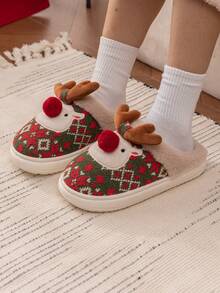Pantuflas unisex lindas de reno navideño con suela gruesa y cálida, pantuflas de felpa para interiores/exteriores con estampados aleatorios, para otoño/invierno