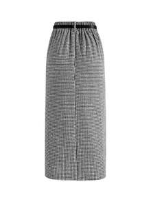 EARO 法式复古女式休闲简约舒适日常百搭束腰千鸟格褶前开衩高腰松紧腰修身性感优雅宽松 OL 职业紧身裙，春秋 - 黑與白 - 查看 2