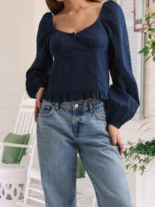 Women's Autumn Casual Tops Long Puff Sleeve Scoop Neck Solid Color Button Up T-Shirt - Blue - View 2