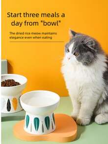 Tazón de cerámica para mascotas, tazón de gato estilo japonés, tazón de comida para gatos con patas altas, tazón de agua, tazón para mascotas para prevenir la tensión del cuello, diseño inclinado anti-derrame