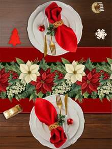 1pc Festive Red Christmas Table Runner With Poinsettia And Pine Branch Design - Polyester, Rectangular Holiday Decor For Dining Room, Kitchen, Indoor/Outdoor Parties, Christmas Table Decorations - Red - View 2