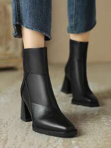 2024 Vintage French Style High Heels For Women, Chunky Heel, Pairs Well With Dresses,  Boots, Fashionable Winter Ankle Boots - Black - View 4