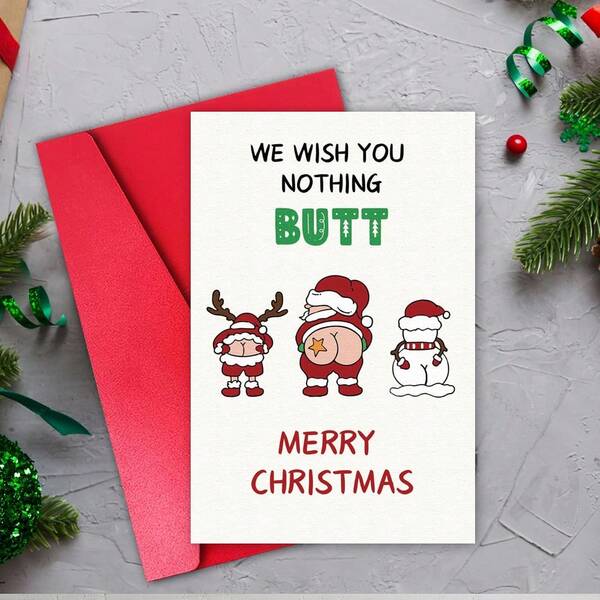1 peça, cartão de Natal engraçado com envelope - Cartões de Natal de Papai Noel para mulheres e homens - Cartões de presente de Feliz Natal para ele e para ela. Desejamos a você nada além de Feliz Natal, cartão de felicitações hilário para o feriado.
